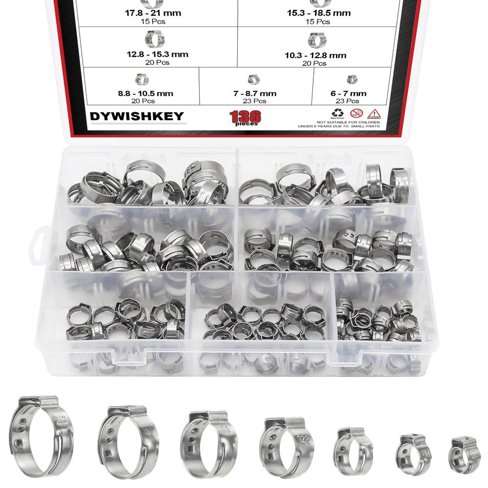 DYWISHKEY 136 PCS 7-21mm 304 Stainless Steel Single Ear Hose Clamps