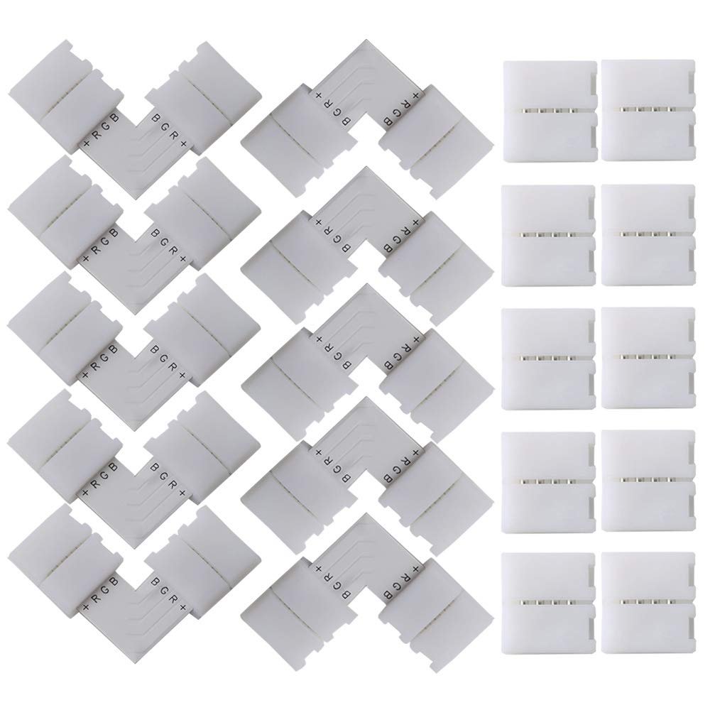 FULARR 20-Piece LED Strip Light Connector Set: 10 L-Shape, 10 Gapless Connectors, 10mm Non-Waterproof Snap Down, Strip to Strip Solderless Adapter