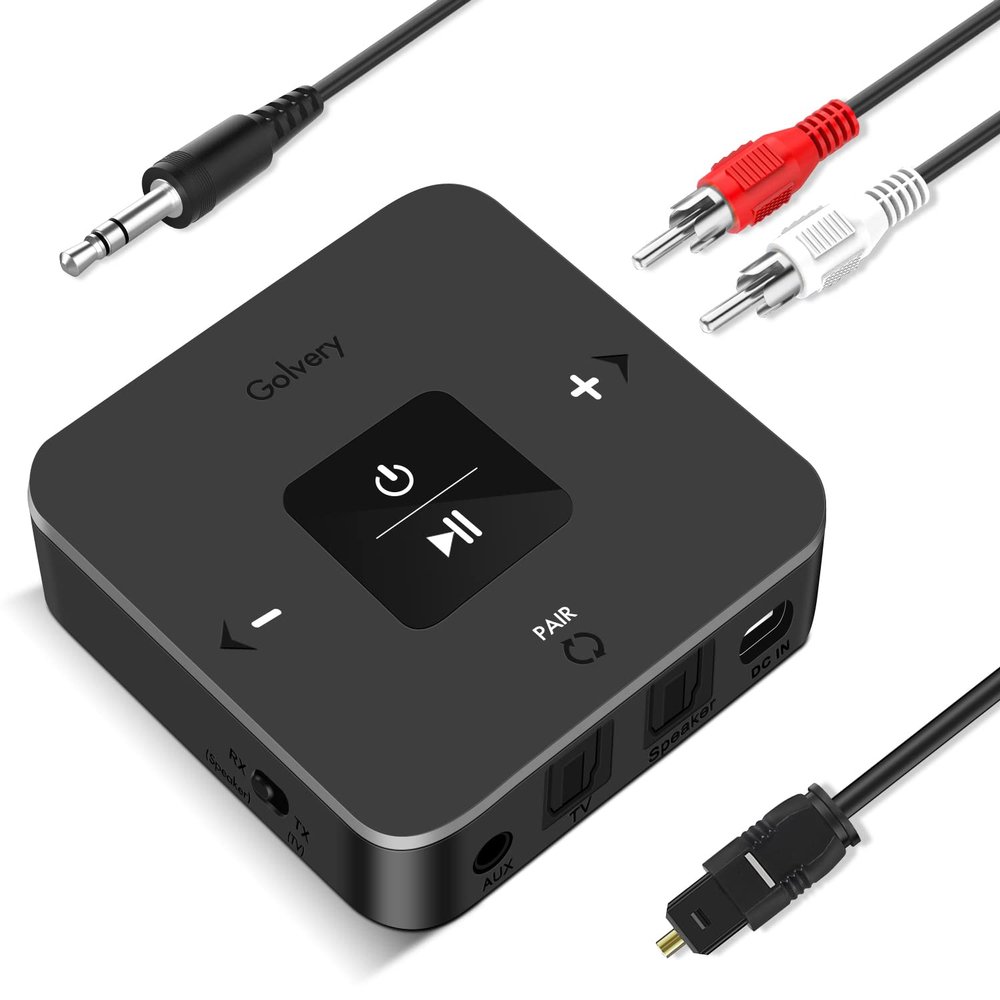Golvery Bluetooth 5.0 Transmitter Receiver for TV Airplane, 2 in 1 Bluetooth Adapter for PC/DVD/MP3/Home Stereo/Speaker/Gym, Optical/RCA/AUX Connection, 25 Hours Playtime, Dual Link, Volume Control