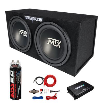 MTX 12 Inch 1200 Watt 4 Ohm Dual Loaded Car Audio Subwoofer Package with Sub Enclosure, 1200W Mono A/B Amplifier, Wiring Kit and Capacitor