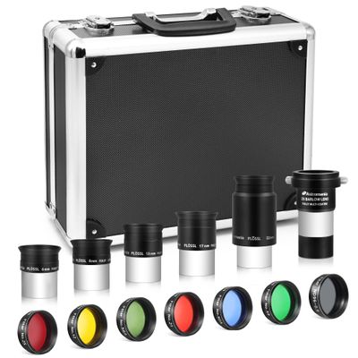 Astromania 14 Piece Telescope Accessory Kit 1.25 Inch Telescope Eyepiece and Filter Set Deluxe Version, 5pcs Plossl Eyepiece Set, 6pcs Colored Filter Set, Moon Filter, 2X Barlow Lens&Sturdy Carry Case