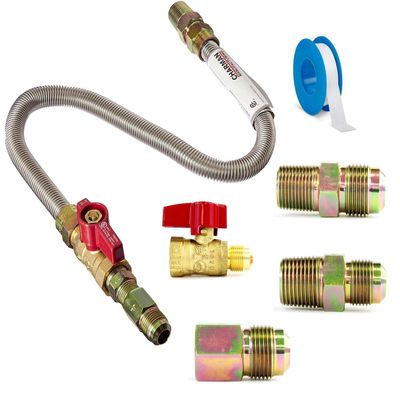 Universal Gas Appliance Installation Kit - 22 One-Stop Range Hook-Up - Stainless Steel Flexible Connector Line - Brass Flare Shut Off Valve & Couplings - Water Heater Stove Fireplace