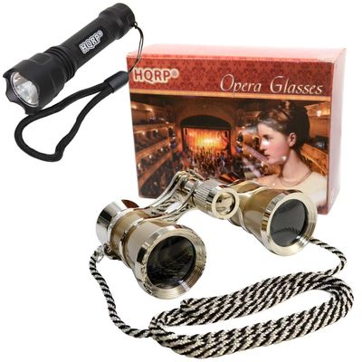 HQRP Theatre Kit: 3 x 25 Golden Opera Glasses w/Crystal Clear Optic (CCO), Silver Trim & Necklace Chain + Professional Compact Ultra Bright Flashlight