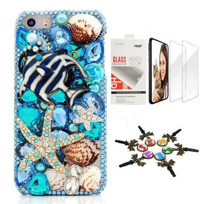 STENES Bling Case Compatible with iPhone X/iPhone Xs - Stylish - 3D Handmade [Sparkle Series] Tropical Fish Starfish Shell Design Cover with Screen Protector [2 Pack] - Blue