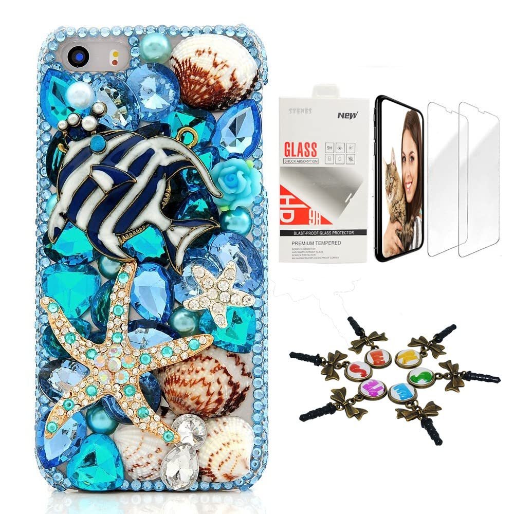 STENES Bling Case Compatible with iPhone X/iPhone Xs - Stylish - 3D Handmade [Sparkle Series] Tropical Fish Starfish Shell Design Cover with Screen Protector [2 Pack] - Blue