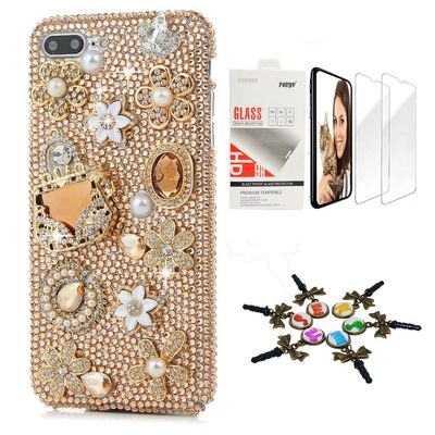 STENES Bling Case Compatible with iPhone Xs Max - Stylish - 3D Handmade [Sparkle Series] Bag Crown Rose Flowers Floral Design Cover with Screen Protector [2 Pack] - Champagne