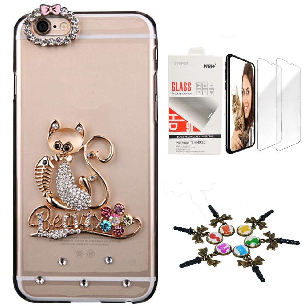STENES Bling Case Compatible with iPhone Xs Max - Stylish - 3D Handmade [Sparkle Series] Cat Flowers Design Cover with Screen Protector [2 Pack] - Colorful