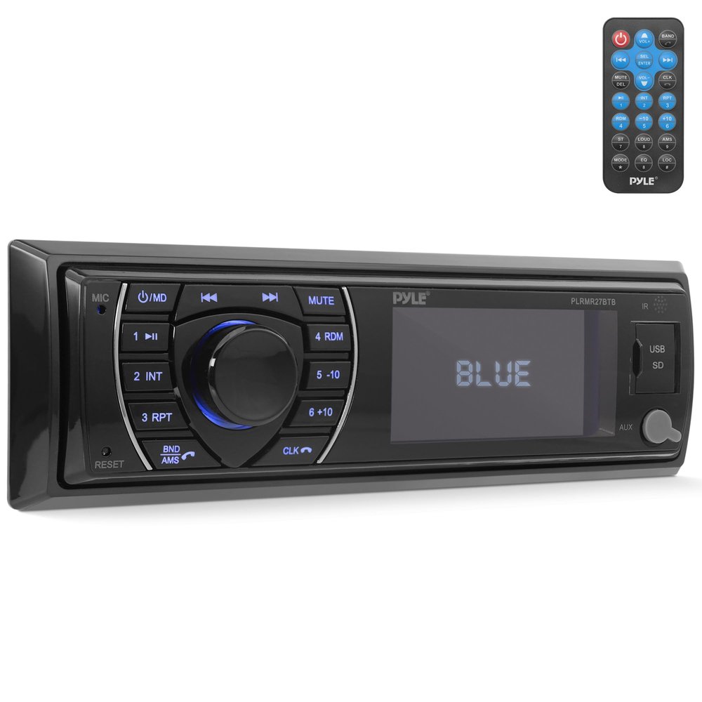 Pyle 300W Bluetooth Marine Stereo Receiver - Single DIN In-Dash AM/FM Radio with USB/SD - AUX - MP3 - Built-in Mic - EQ - Wireless Music Streaming - Remote - 12V - PLMRM29BT