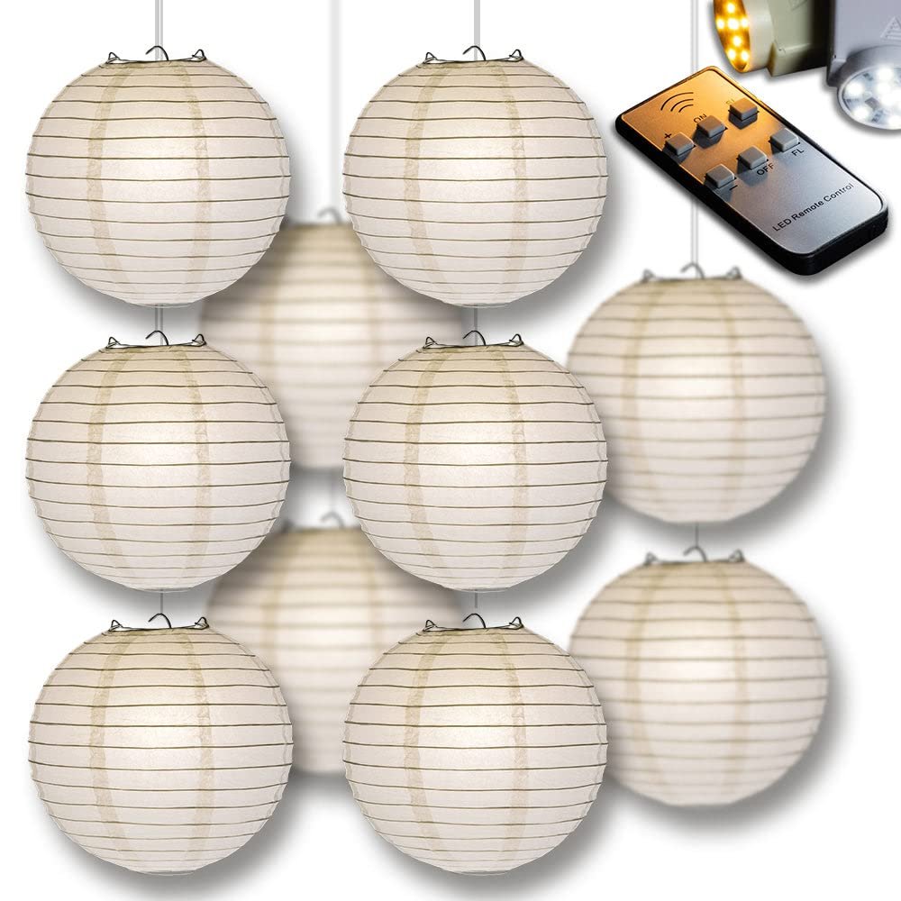 PaperLanternStore.com 12" Cool White Paper Lantern Party Pack with Remote Controlled LED Lights (10-Pack Combo Kit)