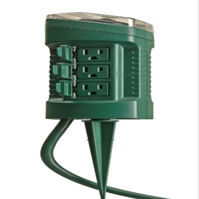 Woods 13547 6-Outlet Power Stake Timer with Light Sensor & 6-Foot Cord, Green (Green, 2 Pack)