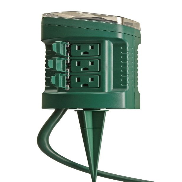 Woods 13547 6-Outlet Power Stake Timer with Light Sensor & 6-Foot Cord, Green (Green, 2 Pack)