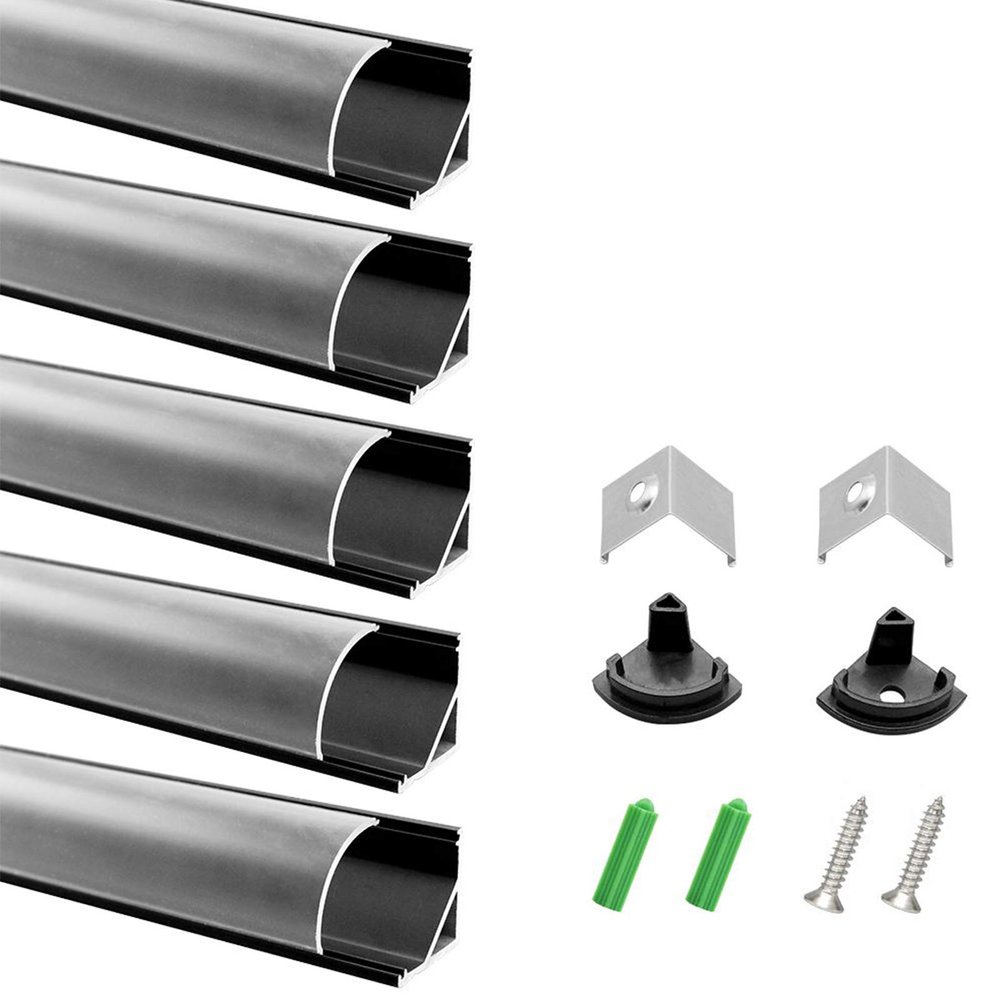 LightingWill Clear LED Aluminum Channel V Shape Corner Mounted 3.3Ft/1M 5 Pack Anodized Black Profile for <12mm 5050 3528 LED Flex/Hard Strip Lights with Covers, End Caps, and Mounting Clips TP-V02B5