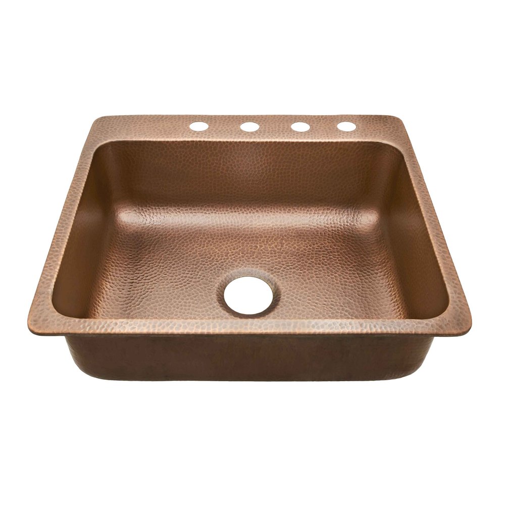 Sinkology SK102-25AC-4 Rosa Drop In Copper Sink 25 In. 4-Hole Single Bowl Copper Kitchen Sink In Antique Copper