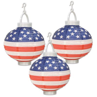 Beistle 3 Piece Light Up American Flag Paper Lanterns For Patriotic Theme 4th Of July Summer Party USA Hanging Decorations
