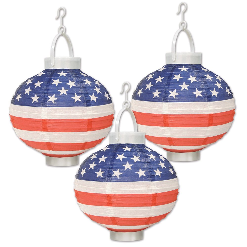 Beistle 3 Piece Light Up American Flag Paper Lanterns For Patriotic Theme 4th Of July Summer Party USA Hanging Decorations