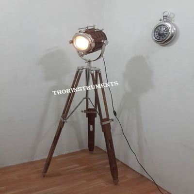 THOR INSTRUMENTS Industrial Nautical Solid Wood Spot Light Floor Tripod Stand Lamp Rustic Vintage Home Decor Gifts