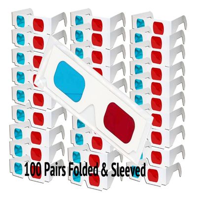 3D Red/Cyan Pro-Ana (TM) Anaglyph Cardboard Glasses - 100 Pair Folded - White Frame