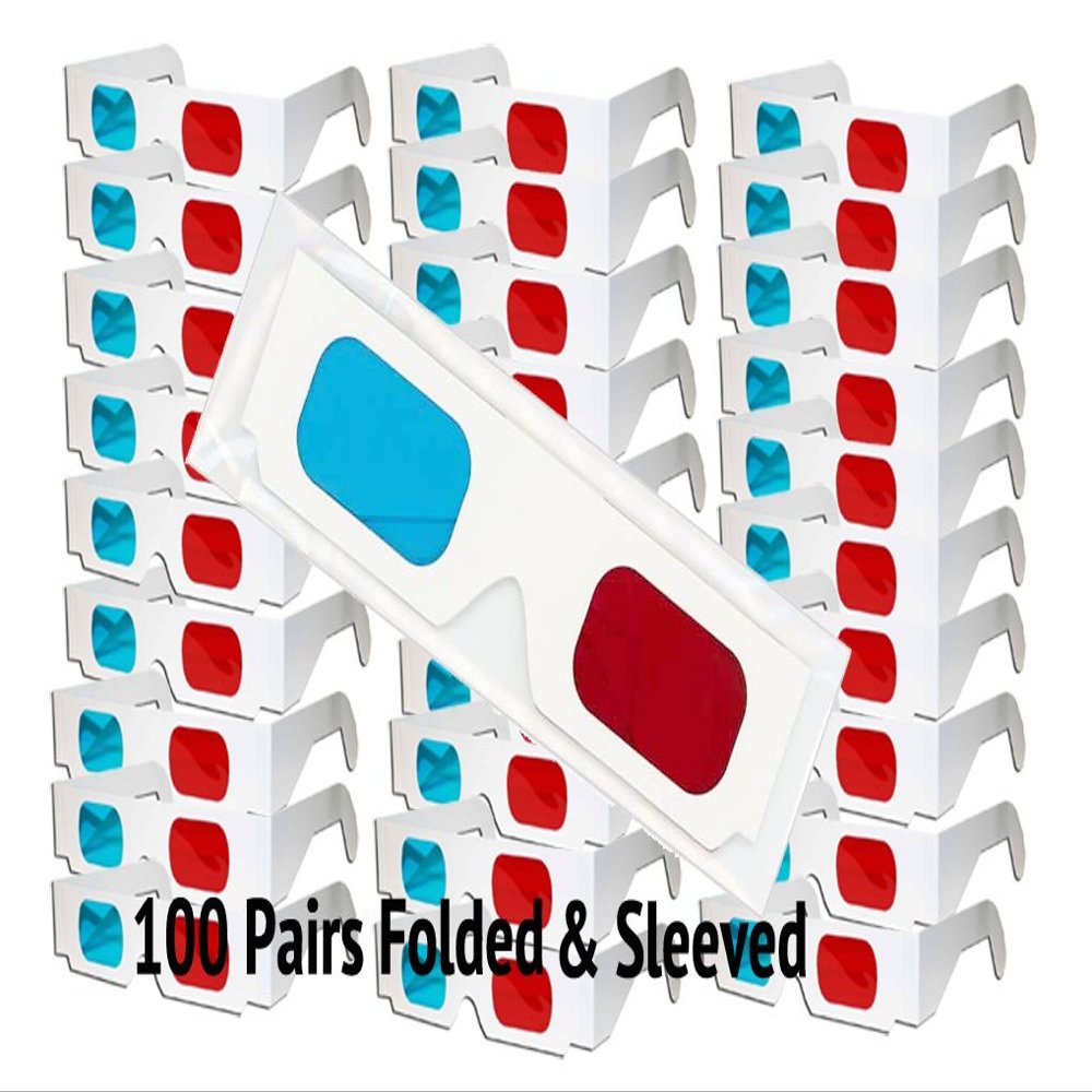 3D Red/Cyan Pro-Ana (TM) Anaglyph Cardboard Glasses - 100 Pair Folded - White Frame