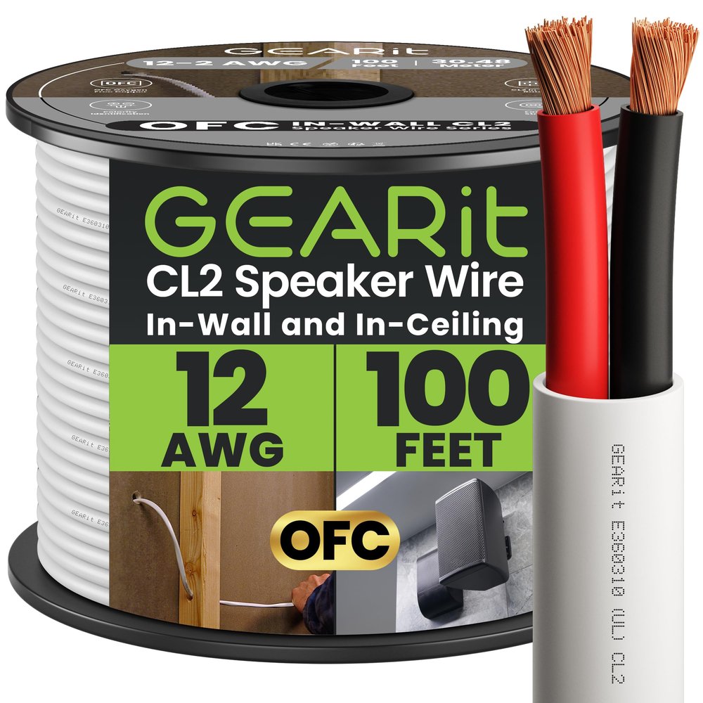 GearIT 16/2 Speaker Wire (100 Feet) 16AWG Gauge - in Wall Audio Speaker Wire Cable / CL2 Rated / 2 Conductors - OFC Oxygen-Free Copper, White 100ft