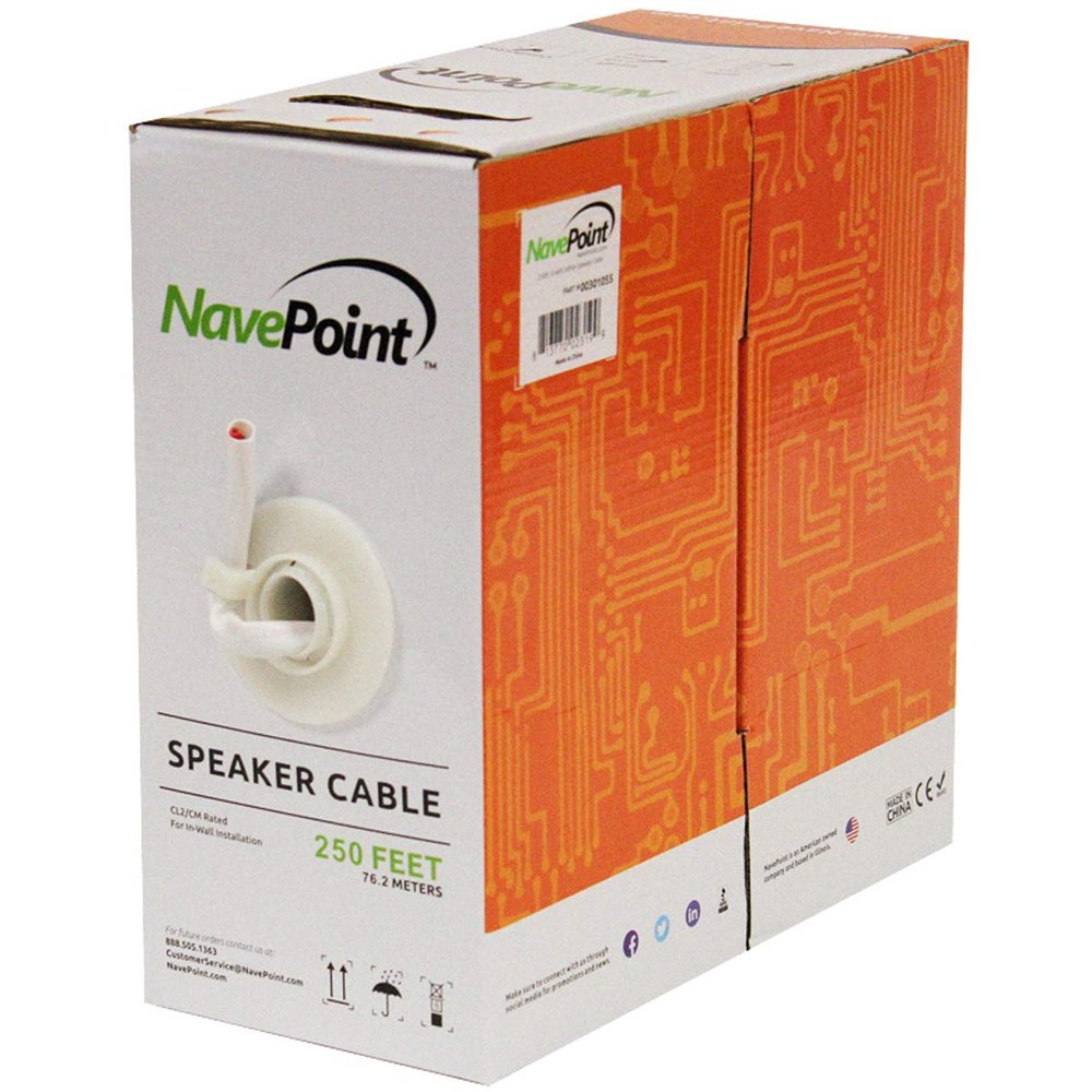 NavePoint 250ft in Wall Audio Speaker Cable Wire CL2 12/2 AWG Gauge 2 Conductor Bulk White