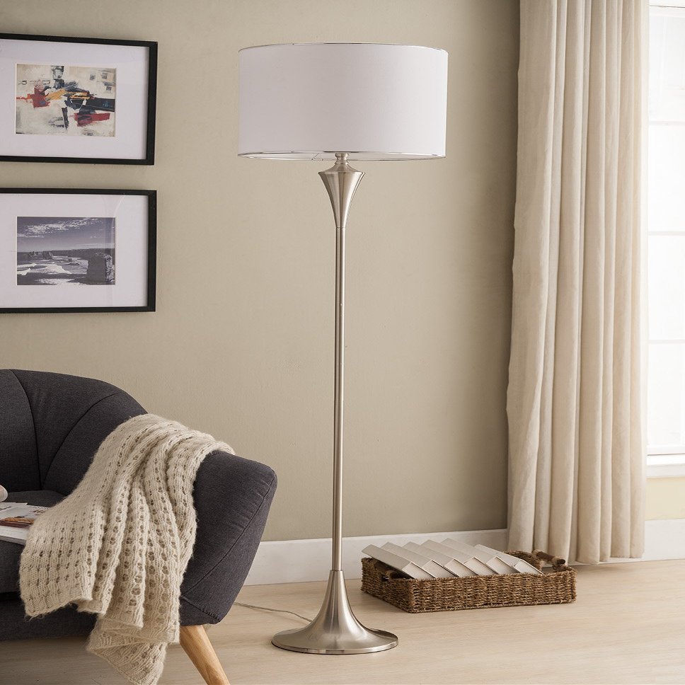 Kings Brand 68" Brushed Nickel With White Fabric Shade Floor Lamp