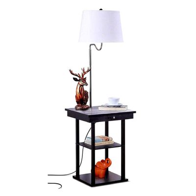 Brightech - Madison LED Floor Lamp with USB Charging Ports - Mid Century Modern Bedside Nighstand Table - End Table with Shelves for Living Room Sofas - White Shade