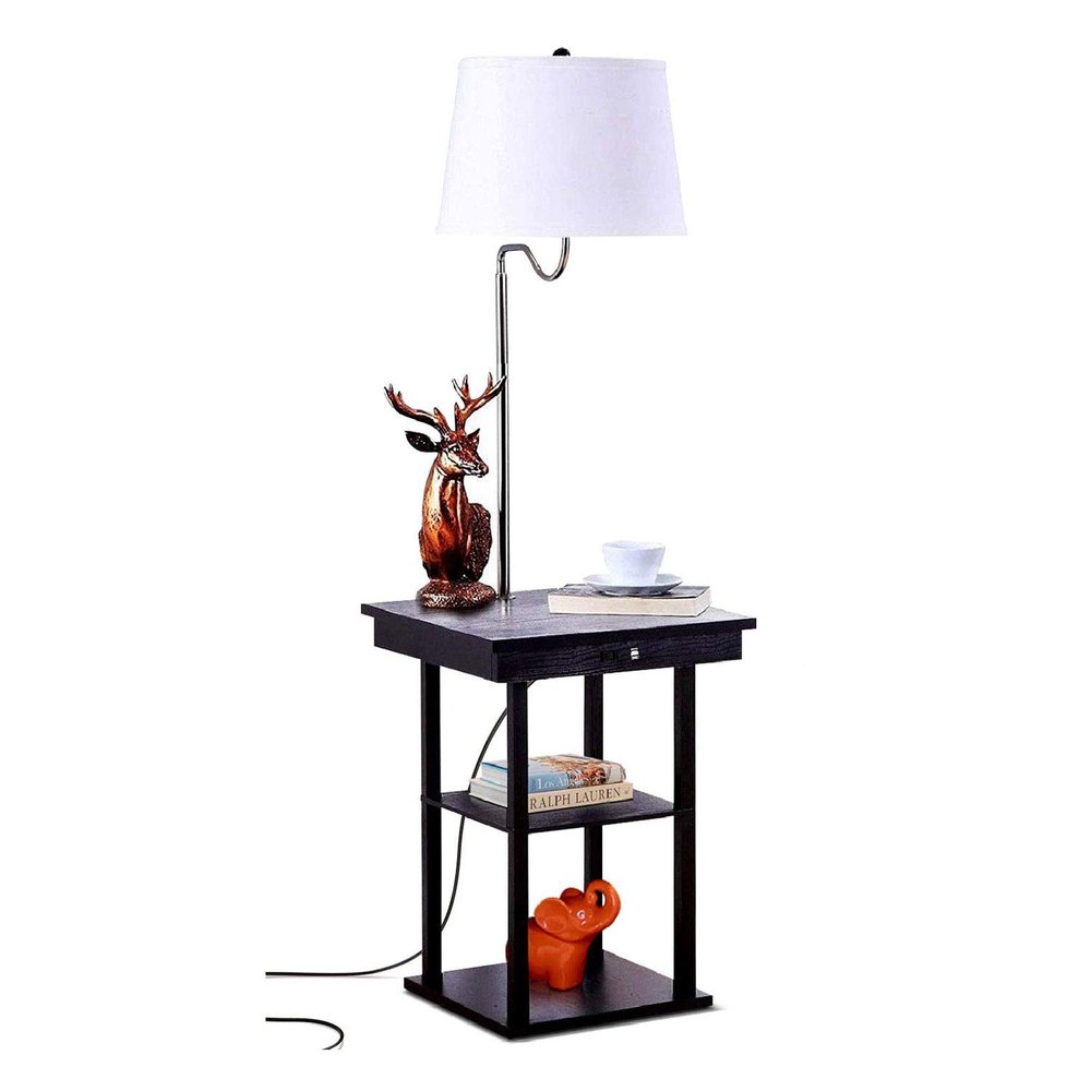 Brightech - Madison LED Floor Lamp with USB Charging Ports - Mid Century Modern Bedside Nighstand Table - End Table with Shelves for Living Room Sofas - White Shade