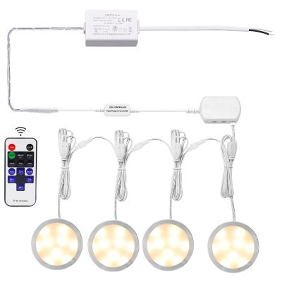 AIBOO Linkable LED Under Cabinet Lights Direct Wired 12V Slim Aluminum Dimmable Puck Lights with RF Remote Control for Accent Lighting (4 Lights, Warm White, NO Wall Plug)