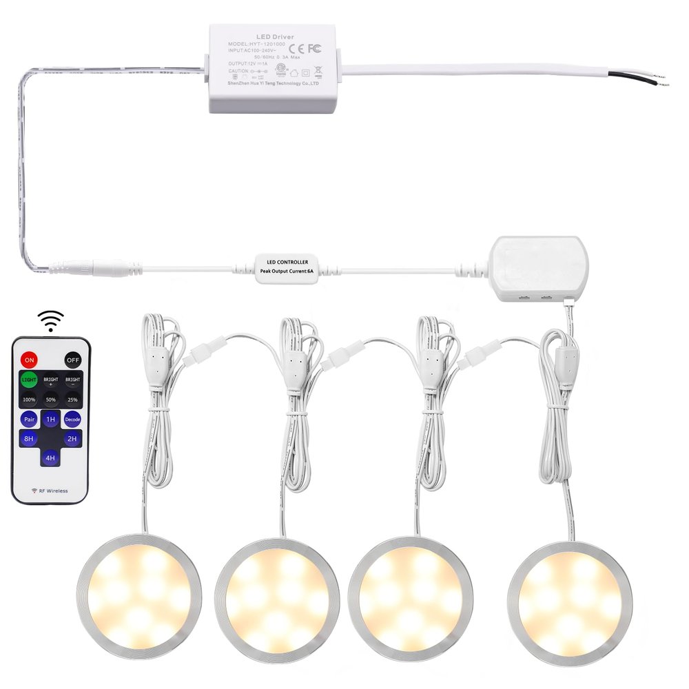 AIBOO Linkable LED Under Cabinet Lights Direct Wired 12V Slim Aluminum Dimmable Puck Lights with RF Remote Control for Accent Lighting (4 Lights, Warm White, NO Wall Plug)