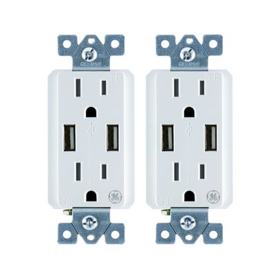GE UltraPro Tamper Resistant 20W Dual USB Receptacle 2 Pack, For iPhone 11/Pro/Max/XS/XR/X/8, iPad Pro, Samsung Galaxy, Google Pixel, White, 37596