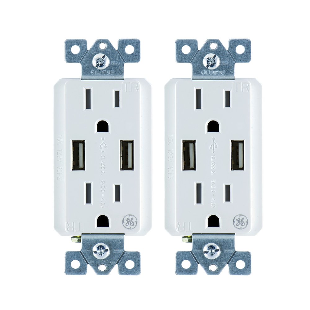 GE UltraPro Tamper Resistant 20W Dual USB Receptacle 2 Pack, For iPhone 11/Pro/Max/XS/XR/X/8, iPad Pro, Samsung Galaxy, Google Pixel, White, 37596