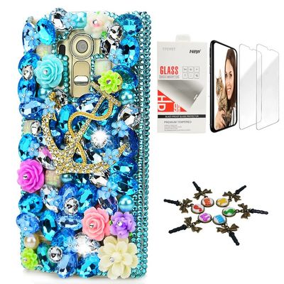 STENES Bling Case Compatible with LG K30 - Stylish - 3D Handmade [Sparkle Series] Rose Flowers Big Anchors Design Cover with Screen Protector [2 Pack] - Blue