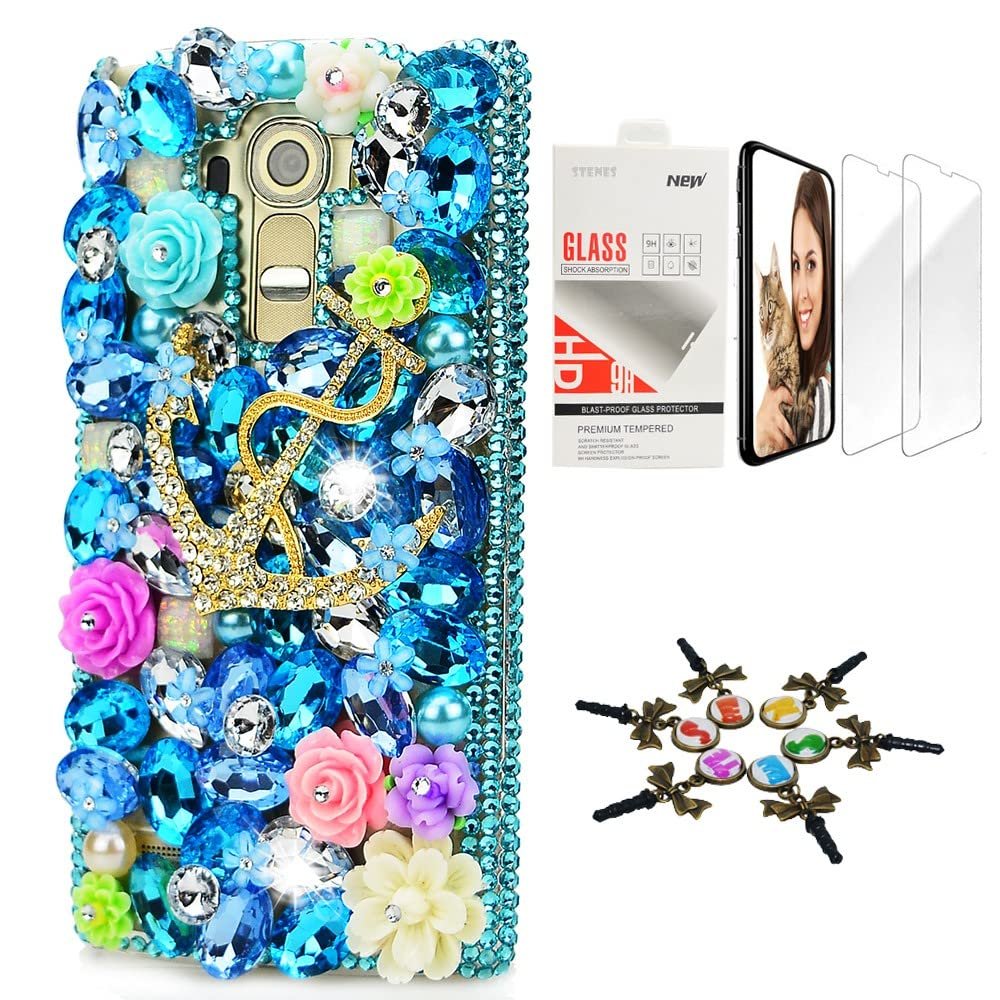 STENES Bling Case Compatible with LG K30 - Stylish - 3D Handmade [Sparkle Series] Rose Flowers Big Anchors Design Cover with Screen Protector [2 Pack] - Blue