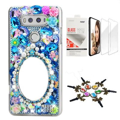 STENES Bling Case Compatible with LG K30 - Stylish - 3D Handmade [Sparkle Series] Girls Mirror Flowers Design Cover with Screen Protector [2 Pack] - Blue