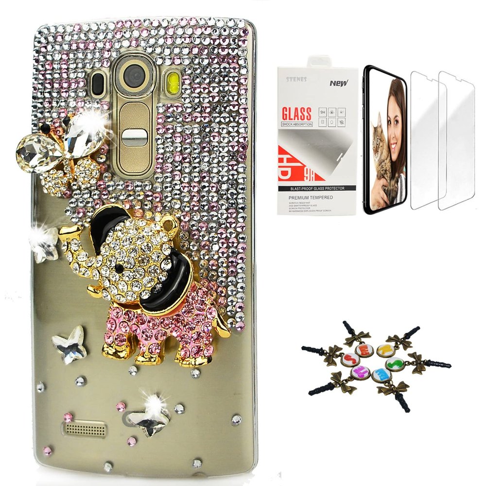 STENES Bling Case Compatible with LG K30 - Stylish - 3D Handmade [Sparkle Series] Elephant Butterfly Design Cover with Screen Protector [2 Pack] - Pink