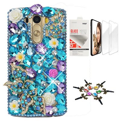 STENES Bling Case Compatible with LG V30 - Stylish - 3D Handmade [Sparkle Series] Butterfly Rose Flowers Design Cover with Screen Protector [2 Pack] - Purple&Blue