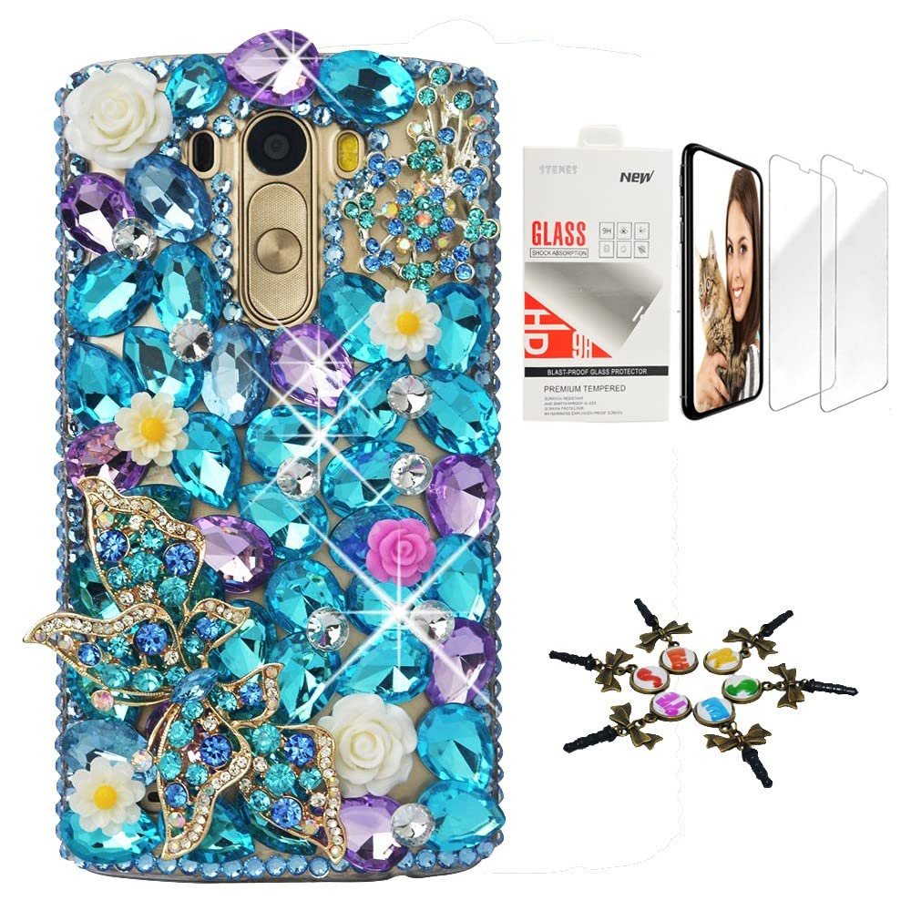 STENES Bling Case Compatible with LG V30 - Stylish - 3D Handmade [Sparkle Series] Butterfly Rose Flowers Design Cover with Screen Protector [2 Pack] - Purple&Blue