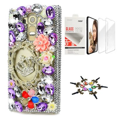 STENES Bling Case Compatible with LG V30 - Stylish - 3D Handmade [Sparkle Series] Crown Frame Rose Flowers Design Cover with Screen Protector [2 Pack] - Light Purple