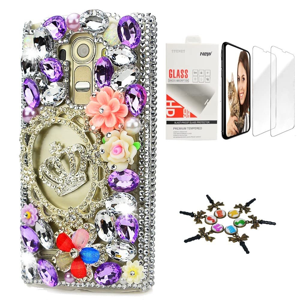 STENES Bling Case Compatible with LG V30 - Stylish - 3D Handmade [Sparkle Series] Crown Frame Rose Flowers Design Cover with Screen Protector [2 Pack] - Light Purple