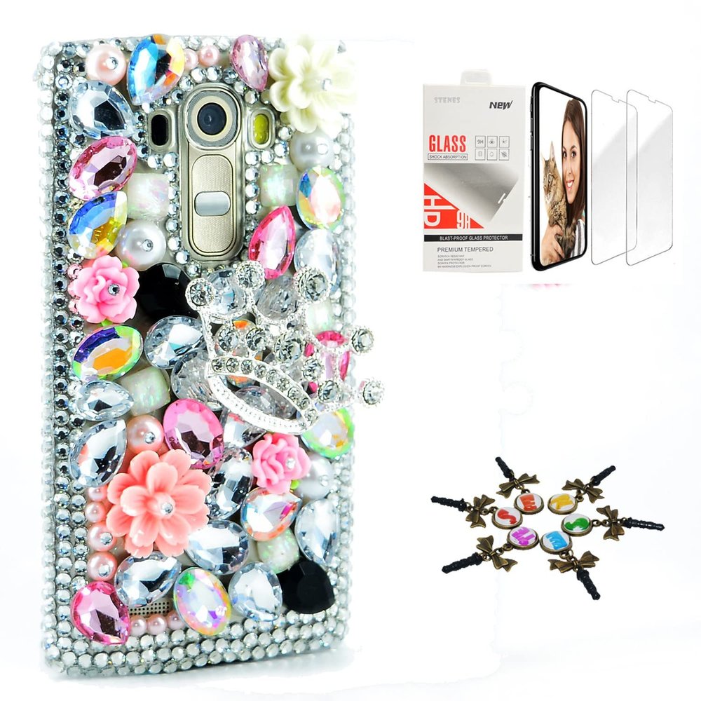 STENES Bling Case Compatible with LG V30 - Stylish - 3D Handmade [Sparkle Series] Silver Crown Rose Flowers Design Cover with Screen Protector [2 Pack] - Pink