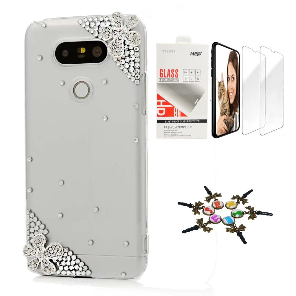 STENES Bling Case Compatible with LG V30 - Stylish - 3D Handmade [Sparkle Series] Flowers Design Cover with Screen Protector [2 Pack] - Clear