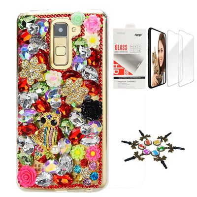 STENES Bling Case Compatible with LG V35 TinQ - Stylish - 3D Handmade [Sparkle Series] Bling Night Owl Flowers Floral Design Cover with Screen Protector [2 Pack] - Red