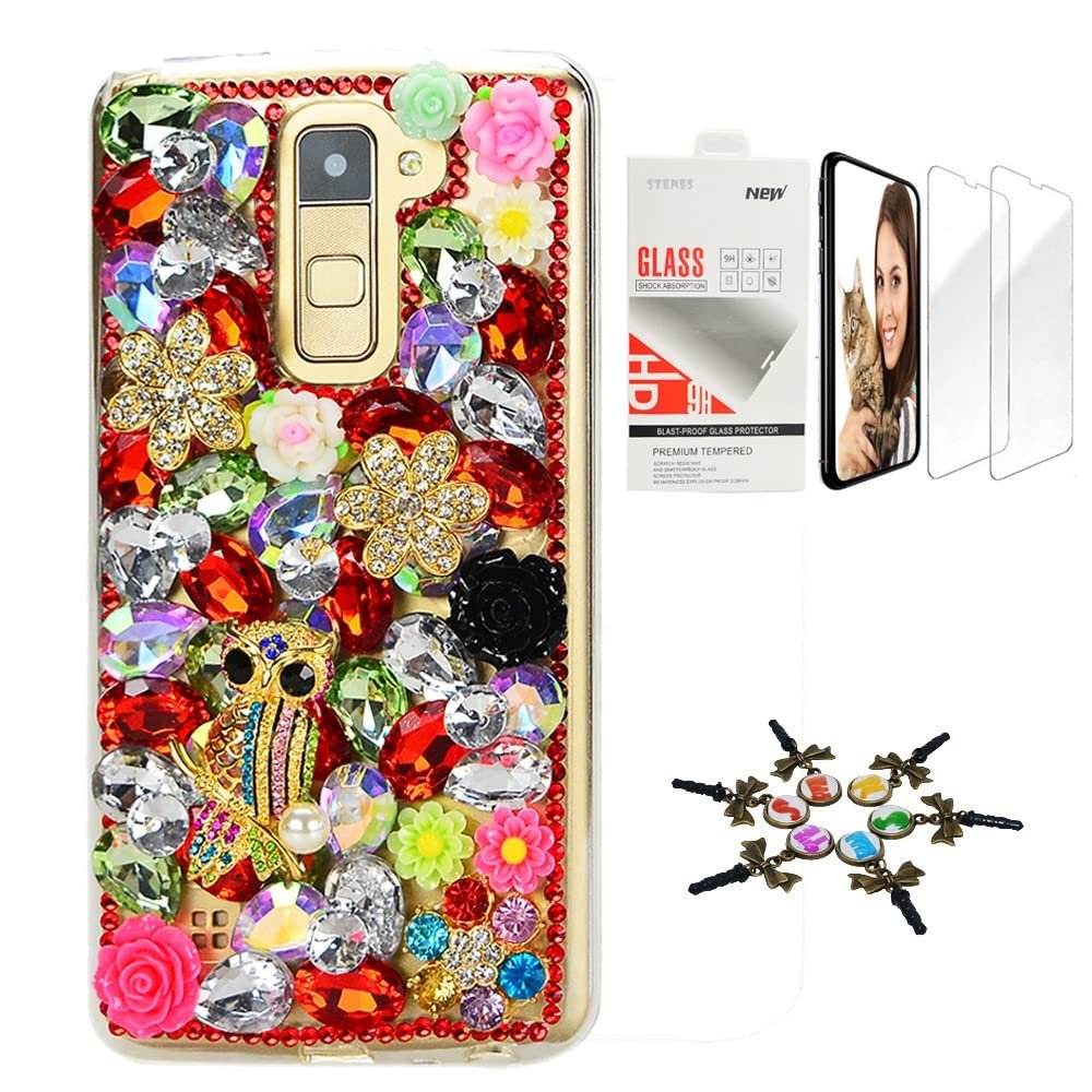 STENES Bling Case Compatible with LG V35 TinQ - Stylish - 3D Handmade [Sparkle Series] Bling Night Owl Flowers Floral Design Cover with Screen Protector [2 Pack] - Red