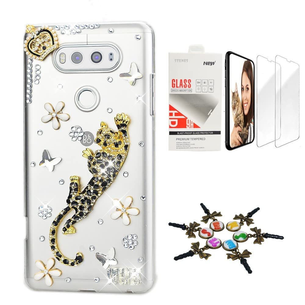 STENES Bling Case Compatible with LG V30 - Stylish - 3D Handmade [Sparkle Series] Leopard Crown Flowers Design Cover with Screen Protector [2 Pack] - Gold