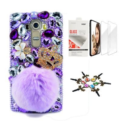 STENES Bling Case Compatible with LG V35 TinQ - Stylish - 3D Handmade [Sparkle Series] Crown Rabbit Tails Villus Flowers Design Cover with Screen Protector [2 Pack] - Purple
