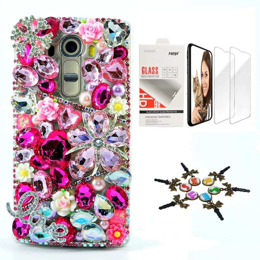 STENES Bling Case Compatible with LG V35 TinQ - Stylish - 3D Handmade [Sparkle Series] Snow Flowers Heart Love Design Cover with Screen Protector [2 Pack] - Hot Pink