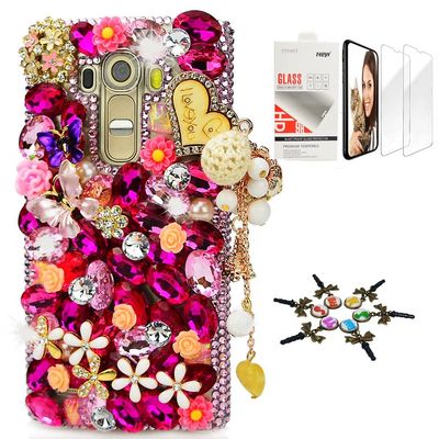 STENES Bling Case Compatible with LG V30 - Stylish - 3D Handmade [Sparkle Series] Heart Pendant Dance Butterfly Flowers Design Cover with Screen Protector [2 Pack] - Pink