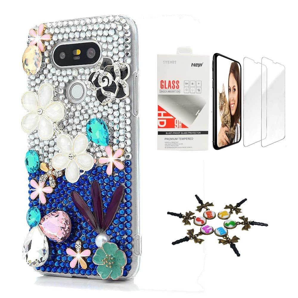 STENES Bling Case Compatible with LG V30 - Stylish - 3D Handmade [Sparkle Series] Flowers Floral Design Cover with Screen Protector [2 Pack] - White&Blue