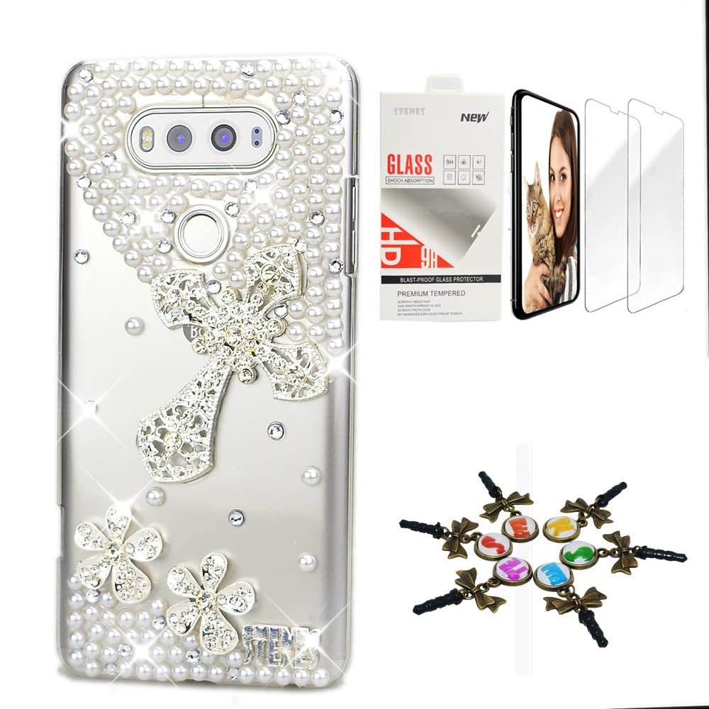 STENES Bling Case Compatible with LG V30 - Stylish - 3D Handmade [Sparkle Series] Cross Flowers Design Cover with Screen Protector [2 Pack] - Silver