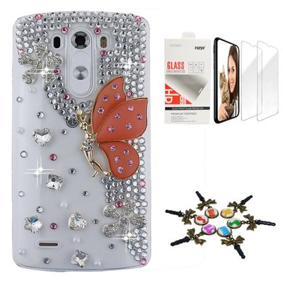 STENES Bling Case Compatible with LG V30 - Stylish - 3D Handmade [Sparkle Series] Butterfly Flowers Design Cover with Screen Protector [2 Pack] - Orange